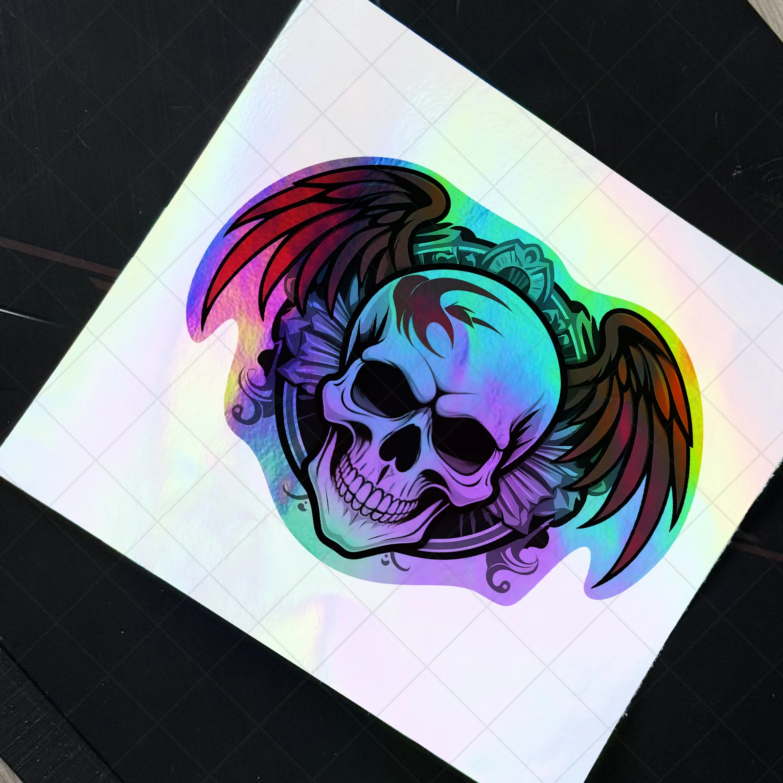 1Pc 2D Flat Holographic Red Wing Skull Vinyl Sticker, Waterproof Removable Decal for Car Motorcycle Helmet Scooter