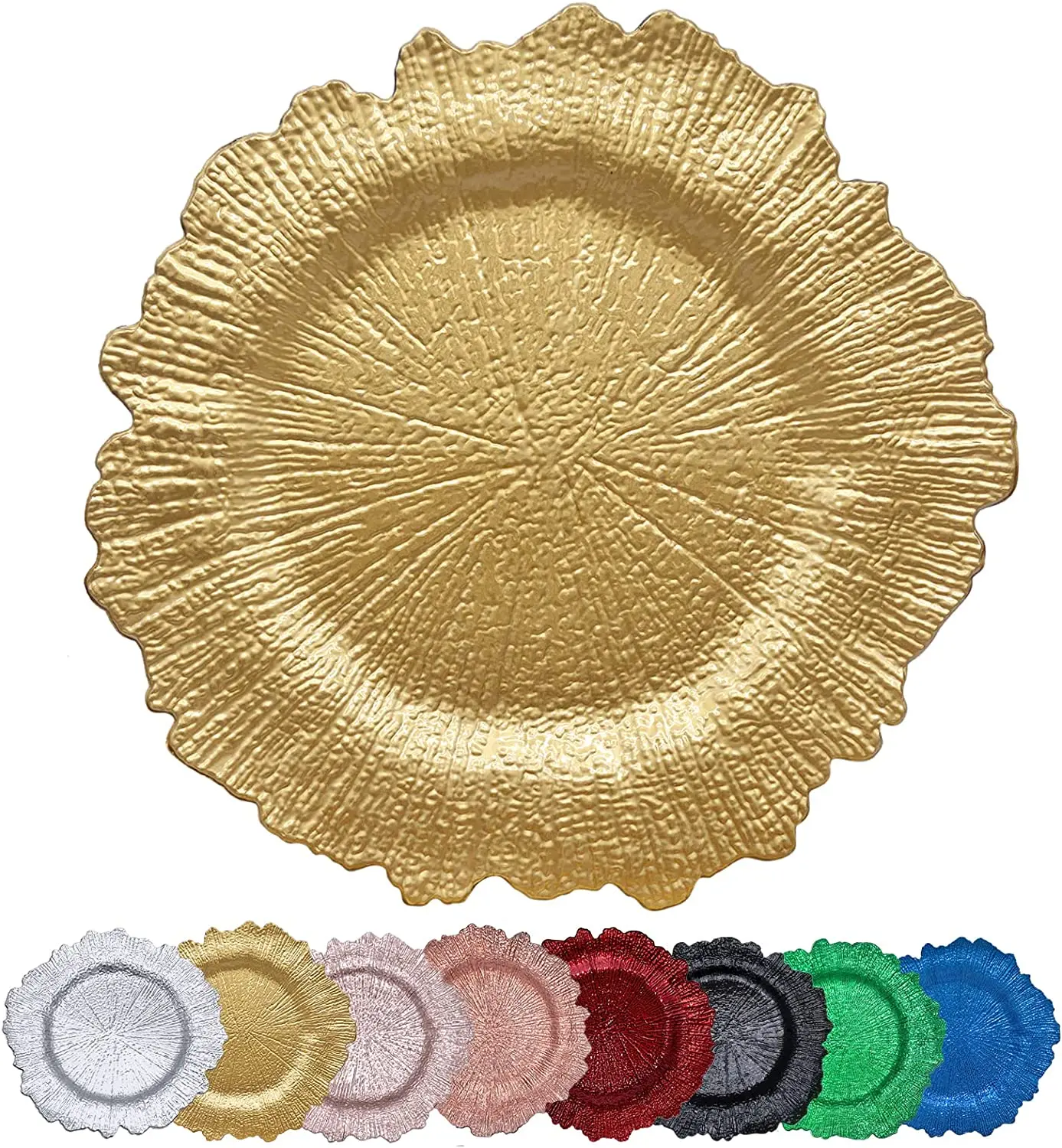 100 pcs 13 inch Gold Charger Plates,Round Plastic Reef Plate Chargers for Dinner Plates,Wedding,Party Elegant Decoration