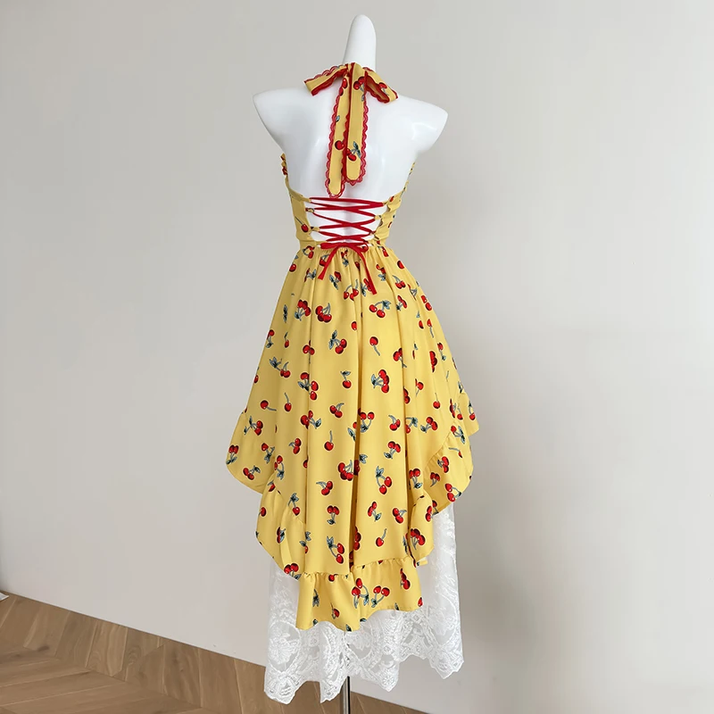 2 ชิ้นชุดชุดสตรีฤดูร้อน Holiday พิมพ์ Halter Backless Midi ชุดเดรสเกาหลีแฟชั่น Elastic High เอวกระโปรงลูกไม้สีขาว