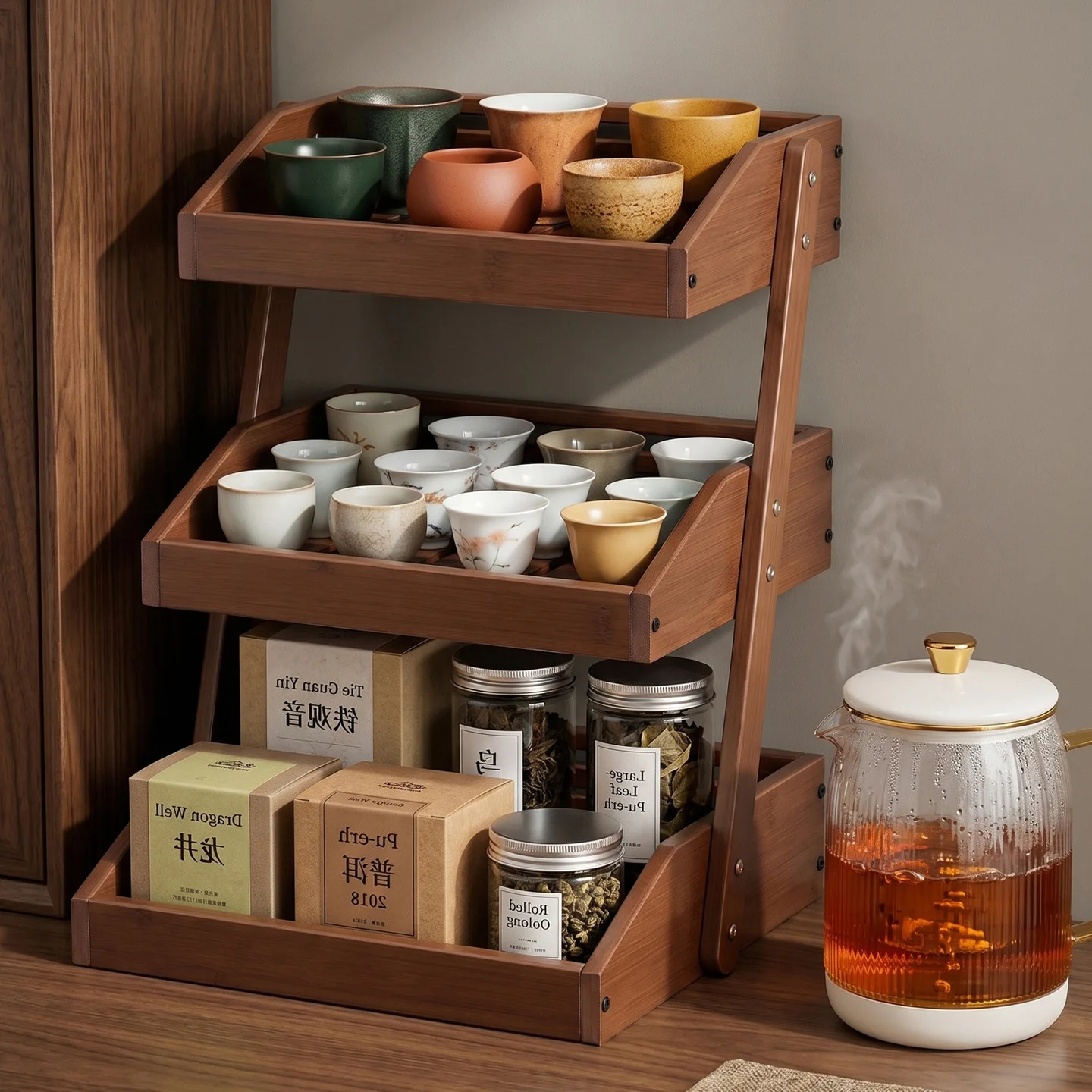 Solid wood vertical inclined storage rack, living room study Bogu rack, sundries, candy figures, tea set, partition shelf