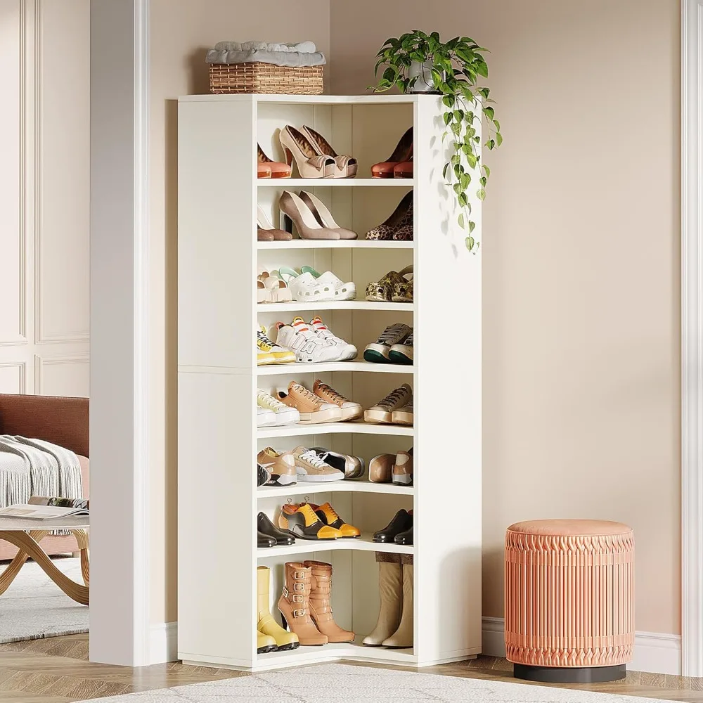 Corner Shoe Cabinet for 40-45 Pairs, 9-Tier Tall Shoe Storage Rack, Large Wooden Shoe Organizer with Back Panel for Entryway, H