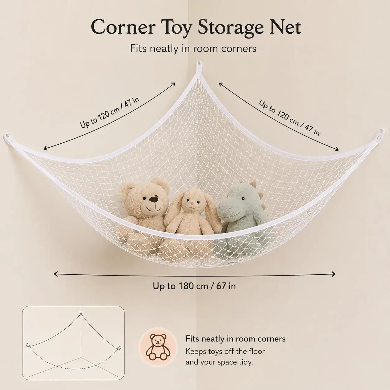 Mesh Toy Storage Hammock Hanging Stuffed Animal Organizer Net Large Space-Saving Wall Corner Holder Hollow-Out Room Decor for Kids Bedroom Nursery Playroom Easy Install Plush Toys Display view 5