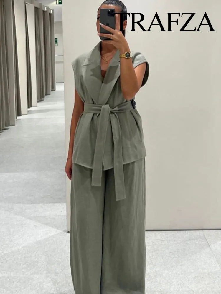 TRAFZA 2024 Summer Fashion Female Elegant 2 Piece Set Sleeveless Casual Belt Coats＋Solid Color Slim Elastic Waist Wide Leg Pant