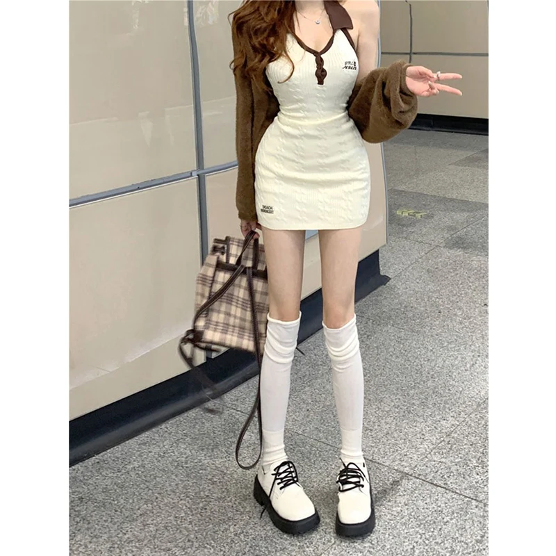 Sexy Solid Knitted Mini Dress Women Two Piece Set Skinny Dresses and Long Sleeve Knitted Cardigan Harajuku Party Dress Vestidos