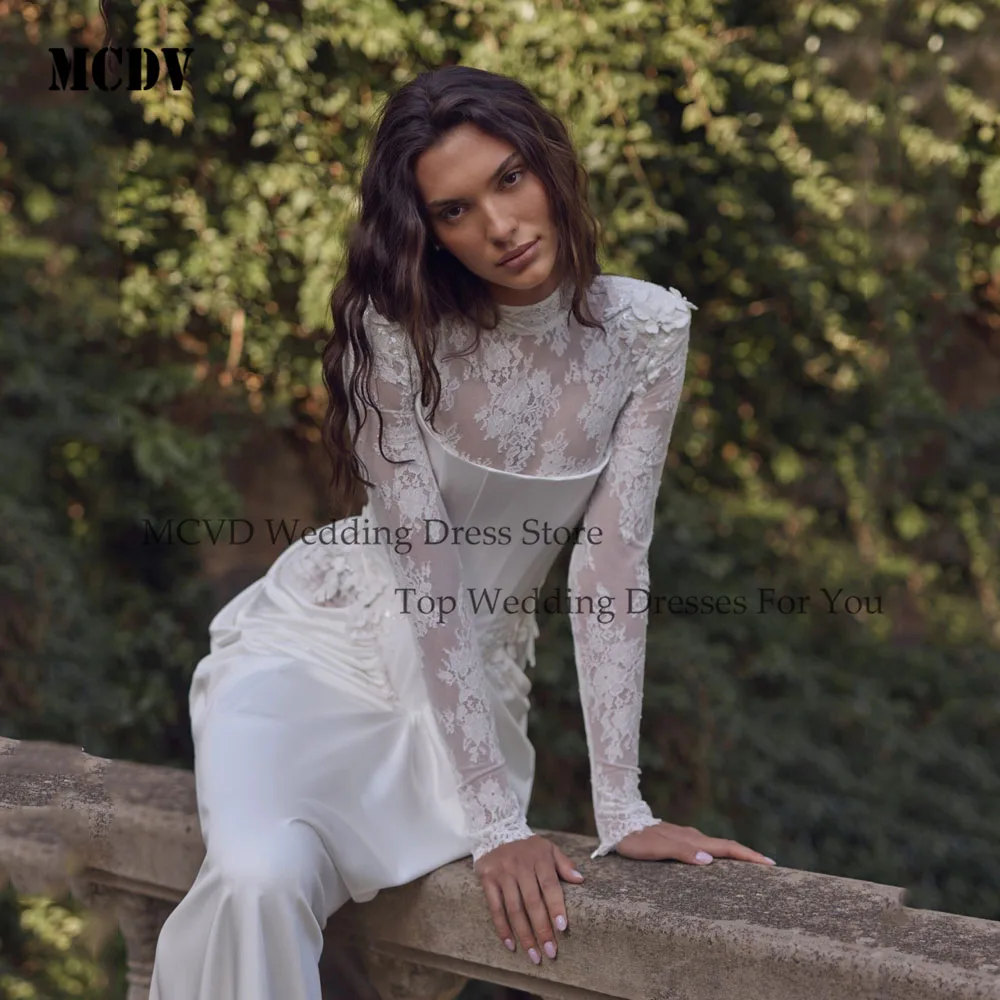 

MCDV Luxury Wedding Dresses Long Sleeve White Mermaid Satin Corset Bridal Gowns Split Applique Wedding Party Gowns Customized