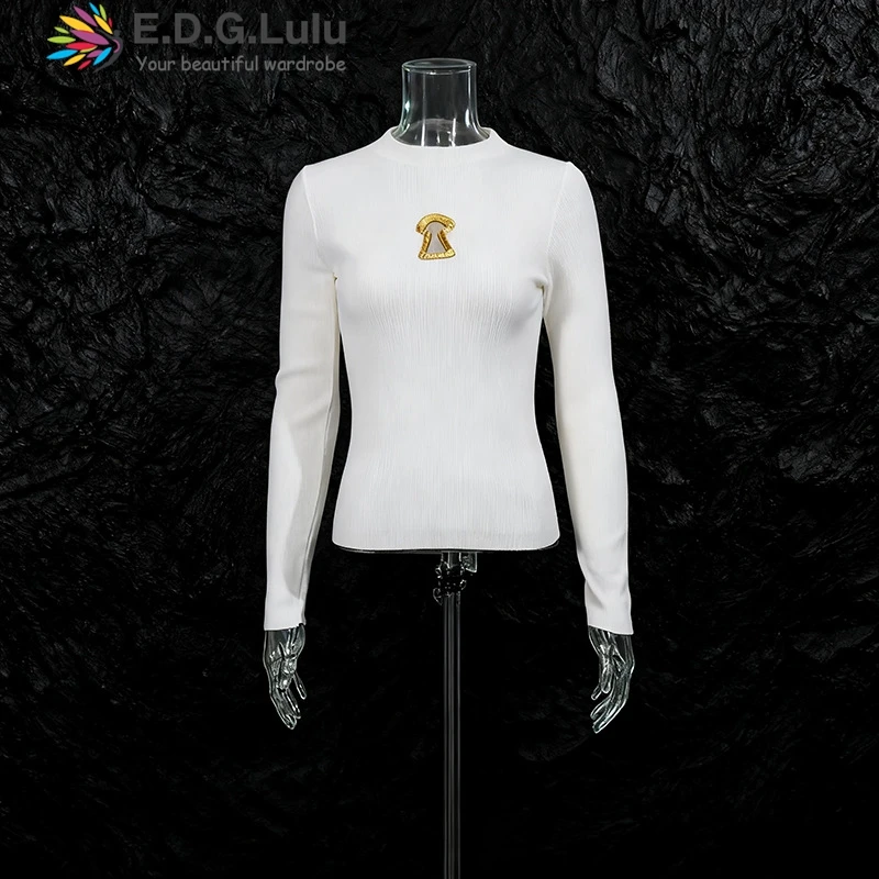 

EDGLuLu 2025 New Metal Hollow Decoration Slim Fit Versatile Knitted Sweater Leisure Street Black And White Pullover Sweater 1205
