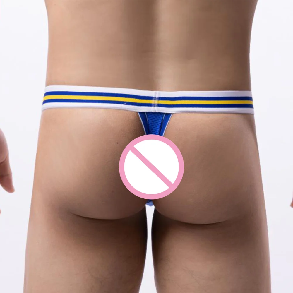 Sexy Men's Low-Rise G-String Briefs Stripe T-Back Panties Hollow Out Exposed Butt Underwear Bare Buttocks Bulge Pouch Lingerie