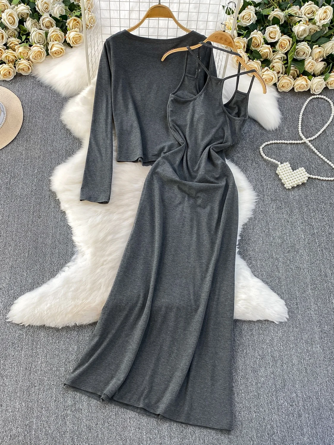 2025년 가을 한국 스타일 우아한 오픈 가디건 코트 섹시한 홀터넥 스트랩 드레스 가슴 패드 포함 젊은 여성용 투피스 세트