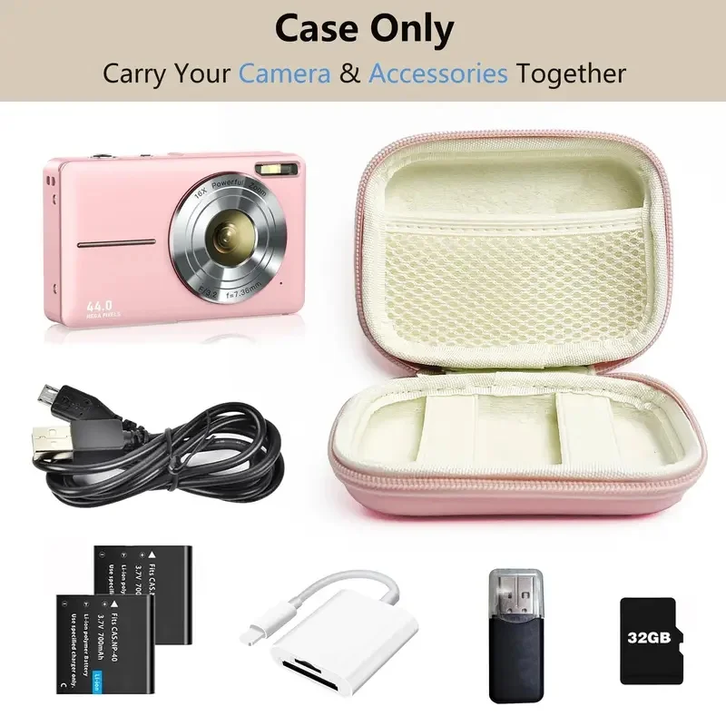 Digital Camera Case For CAMKORY, Small Travel Compact Camera Holder with Mesh Pocket for Accessories SD Card (Pink)