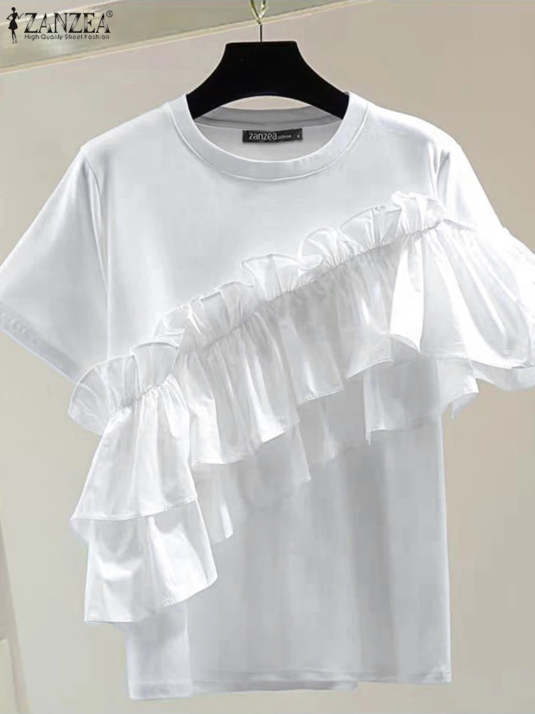 ZANZEA Women Ruffled Stitching Blouse 2024 Summer Short Sleeve T-shirt Fashion Holiday O-neck Tops Solid Casual Loose Tops Femme