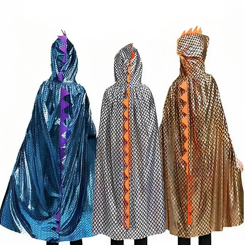 

NewHalloween Kids Dinosaur Cape Costume Hooded Gold Silver Blue Party Performance Role Play Cosplay Dress Up Outfit for Boys Gir