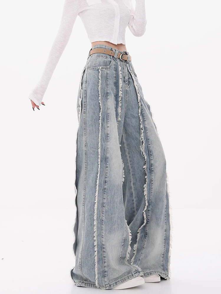 Vintage Ripped Jeans Women High Waist Wide Leg Tassel Denim Pants Couple Baggy Pants Fashion Denim Pants Loose Casual Trousers