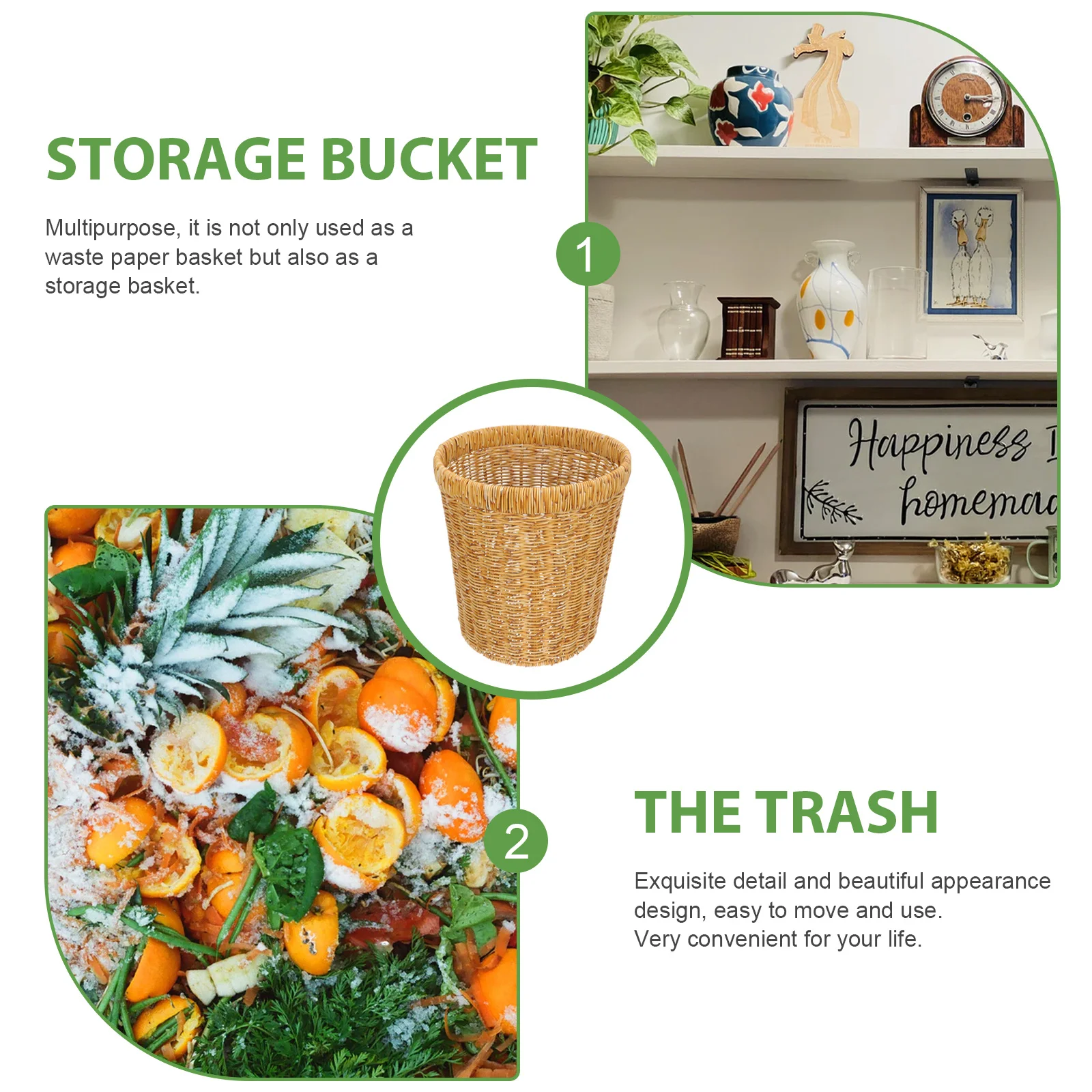 

Handwoven Imitation Rattan Waste Basket Round Plastic Woven Storage Basket Versatile for Home Kitchen Office