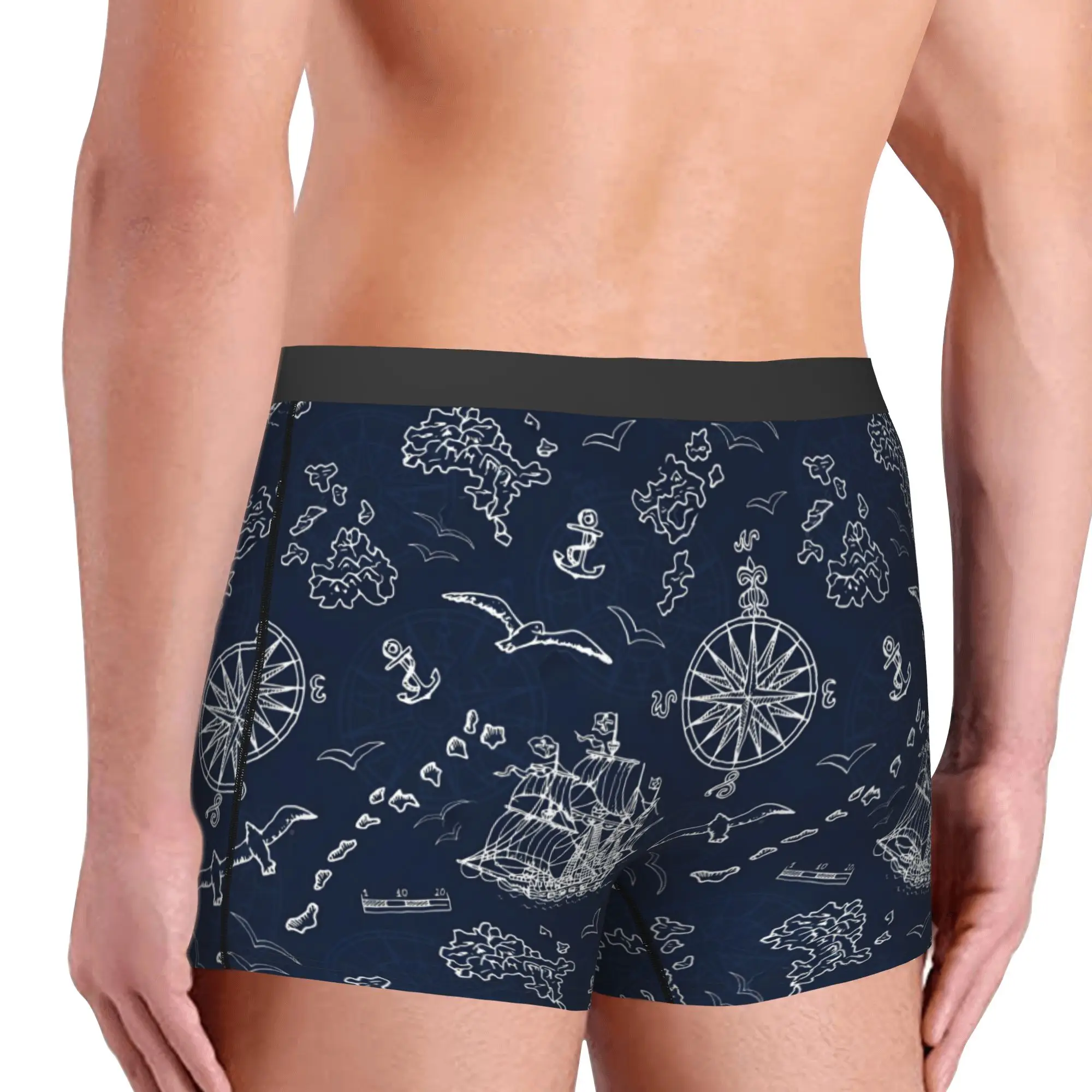 Male Novelty Captain Anchor Adventure Nautical Sailor Compass  Underwear  Boxer Briefs Stretch Shorts Panties Underpants