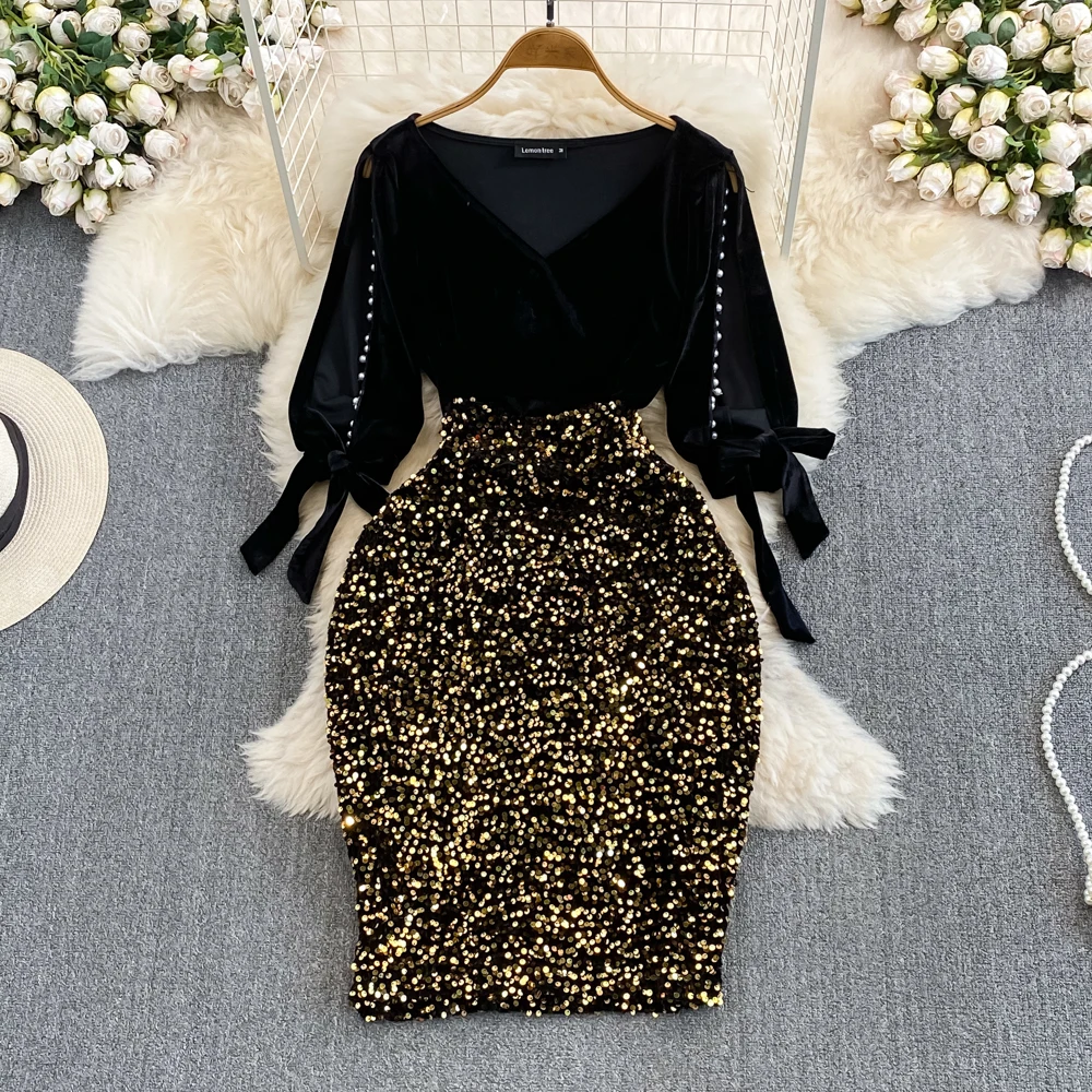 

Autumn And Winter Korean Celebrity Long Sleeve Off Shoulder Dress Elegant V-Neck Velvet Dresses Waist Slim Evening Party Dress