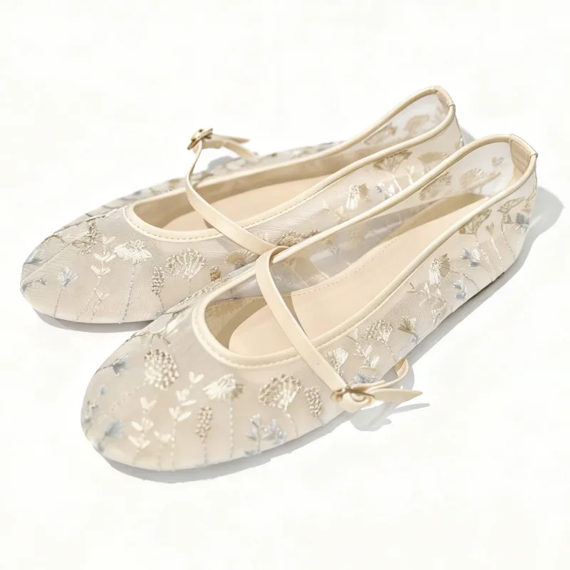 

Elegant Embroidery Mesh Ballet Flats Women Fashion Round Toe Narrow Buckle Mary Jane Shoes Light Soft-soled Comfort Women Shoes