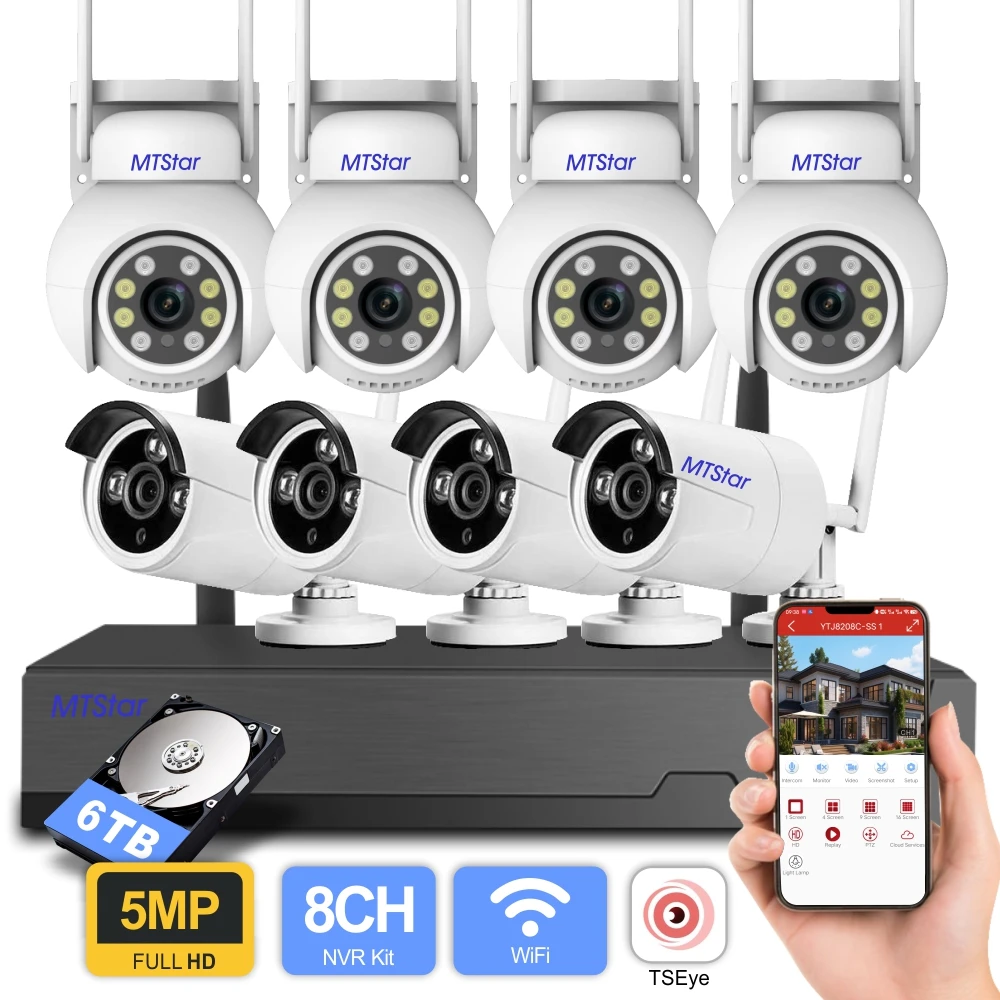 MTStar 8PCS Wireless WiFi Camera System Kit Humanoid Detection Two Way Audio Color Night Vision Surveillance Security NVR TSEye