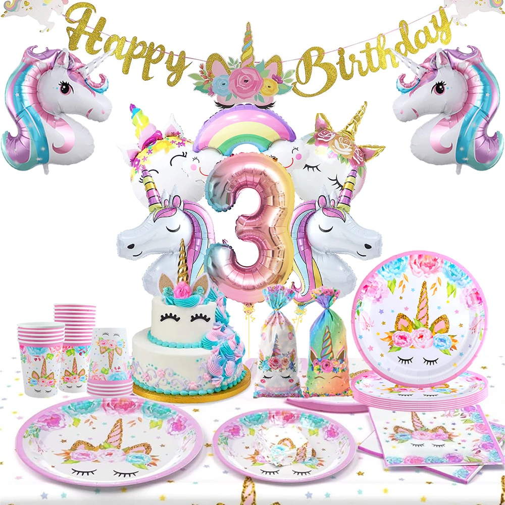 Unicorn Birthday Decoration Tableware Plates Napkins Cups Foil Number Balloons Set Girls Rainbow Unicorn Party Decors Supplies