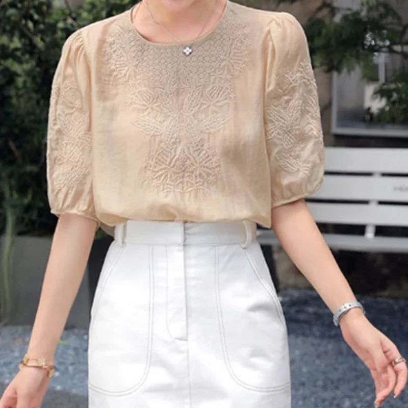 Spring Summer Elegant Fashion Embroidered Blouse Women Clothing Vintage Chic Pearl Button Tops Puff Sleeve Loose Casual Shirts