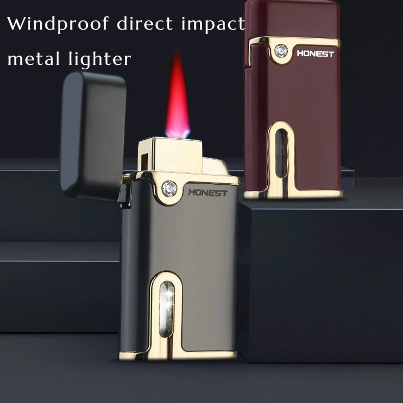 Metal Windproof Direct Impact Lighter with Red Flame and Light. Gift for Boyfriend - Lighter and Cigarette Accessories