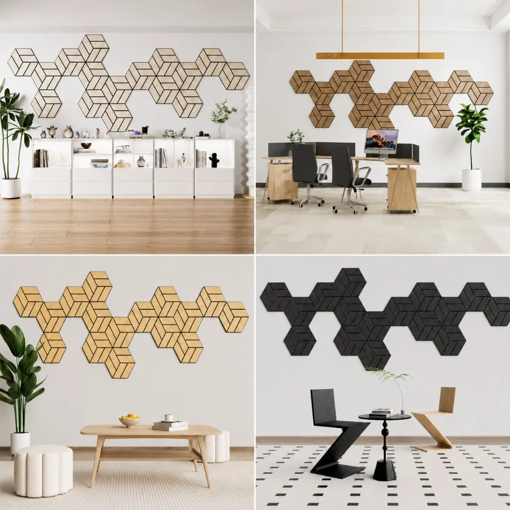 Picture 6: PVC Wood Grain Hexagon Acoustic Panels, Self-Adhesive Polyester Felt Slat Wall Tiles for Sound Absorption and Stylish Home Decor