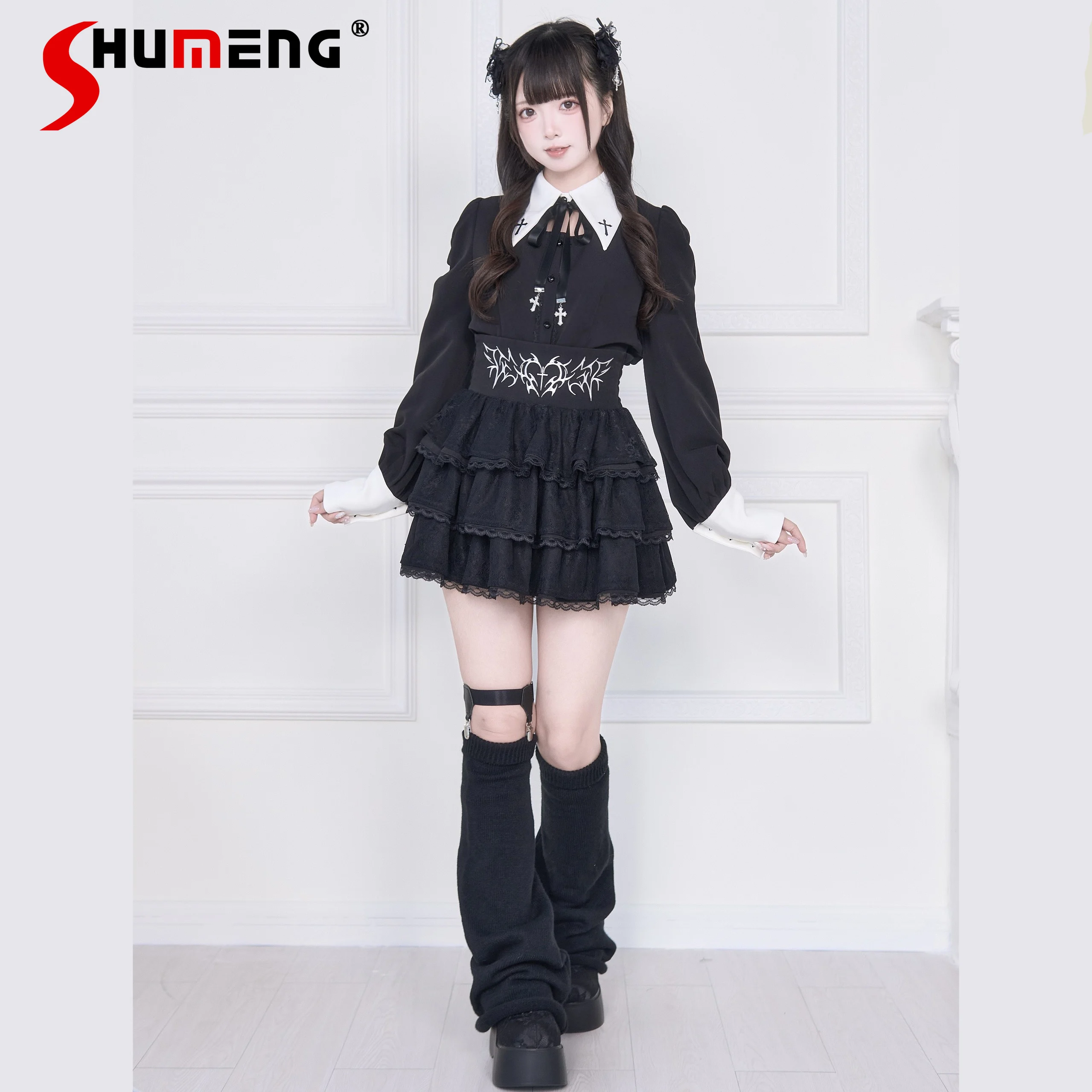 

Japanese Mass-Produced Subculture Mines Style Blouse Embroidery Back Lace-up Slim Fit Versatile Sweet Lolita Shirt Top for Women
