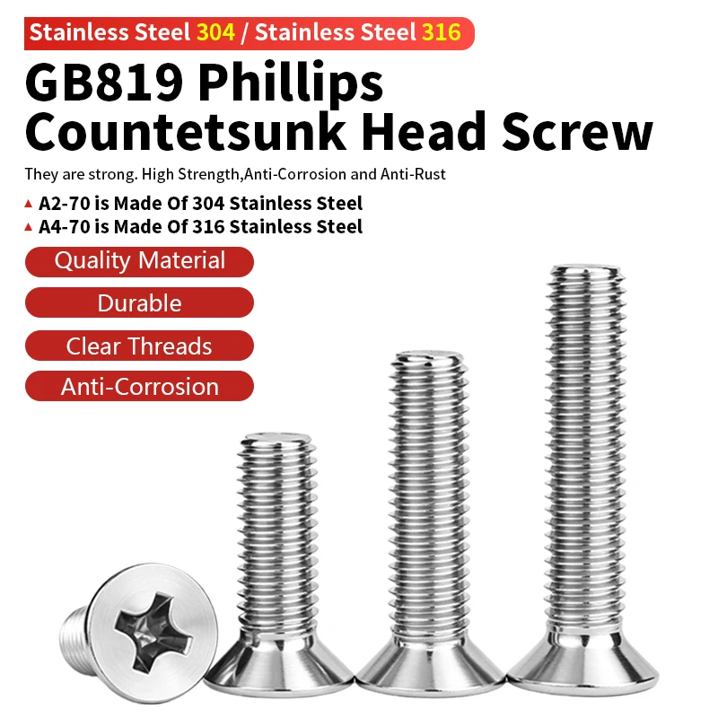 Винты с потайной головкой Phillips GB819, из нержавеющей стали 304 316, с крестообразным шлицем, размеры M2 M2.5 M3 M4 M5 M6 M8 M10.