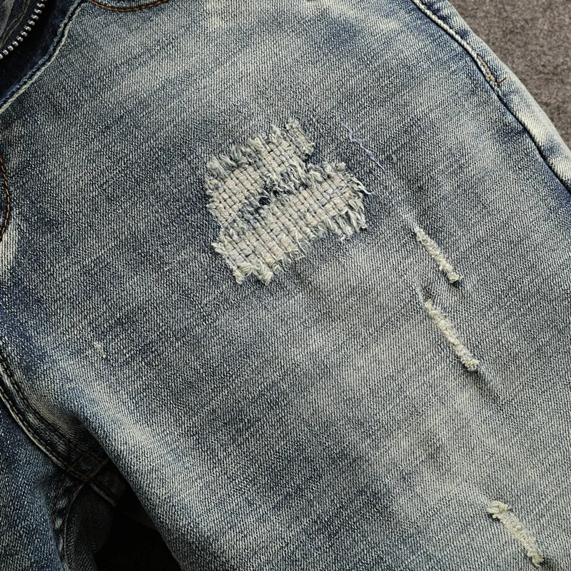 Fashion Designer Men Jeans High Quality Retro Washed Blue Stretch Slim Fit Ripped Jeans Men Hole Patched Vintage Denim Pants