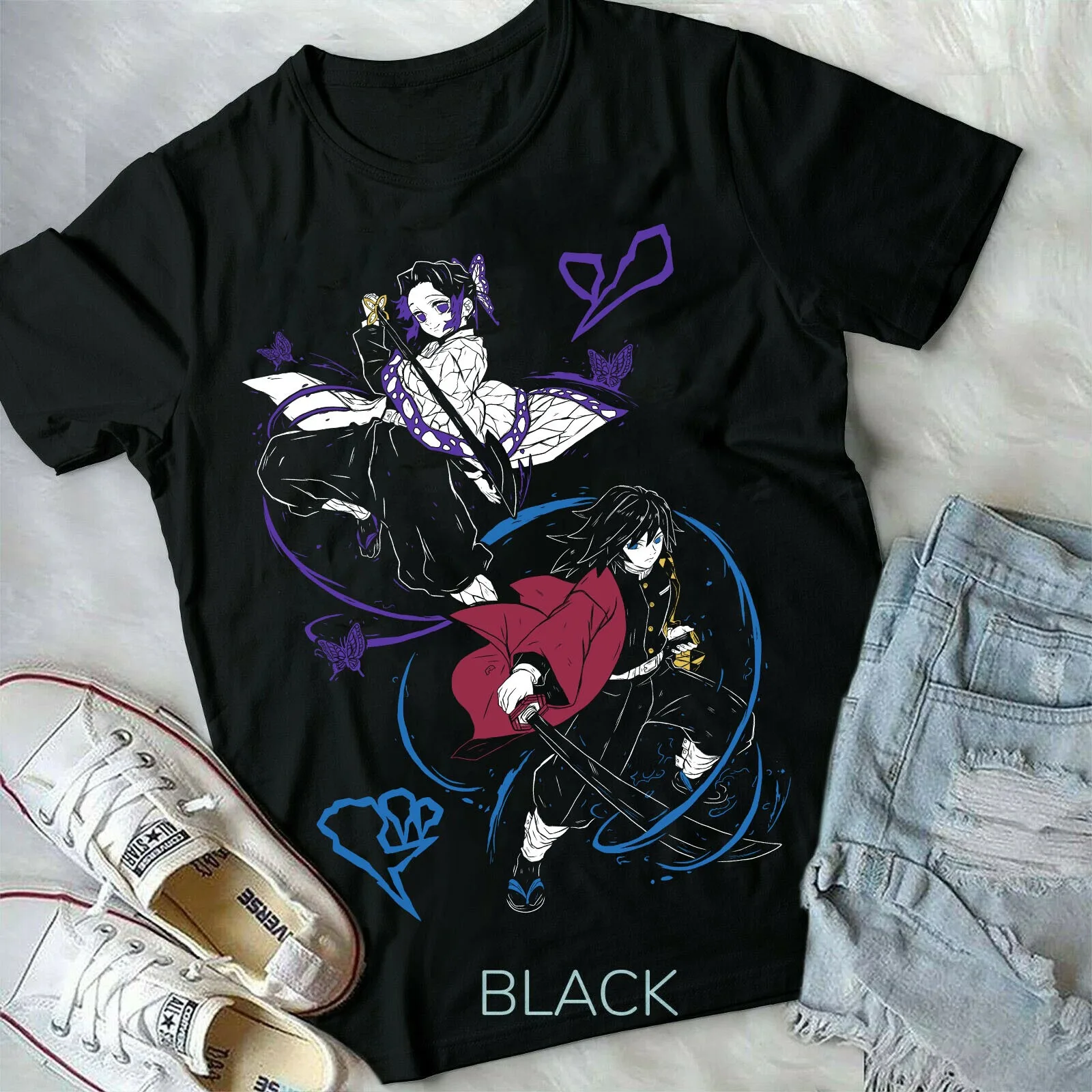 2026 Sommer Demon Slayer Anime Tomioka Giyuu/Kanroji Shinobu Bedrucktes Lockeres Kurzarm-T-Shirt aus Reiner Baumwolle für Kinder Unisex