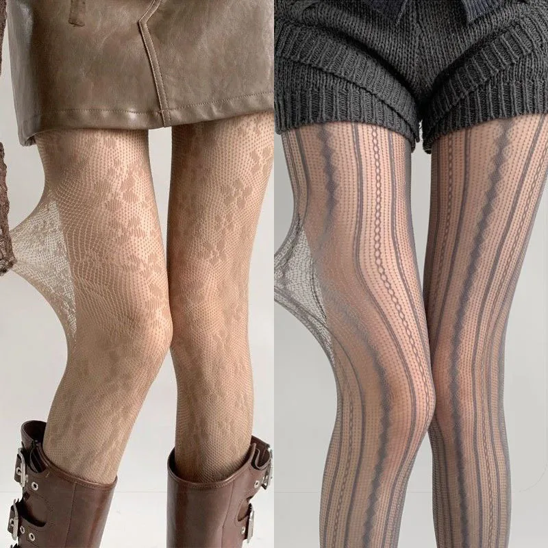 

Women Retro Diamond Grid Lace Tights Vertical Stripes Edgy Sheer Pantyhose Y2K Summer Thin Snag-Resistant Gothic Grey Stockings