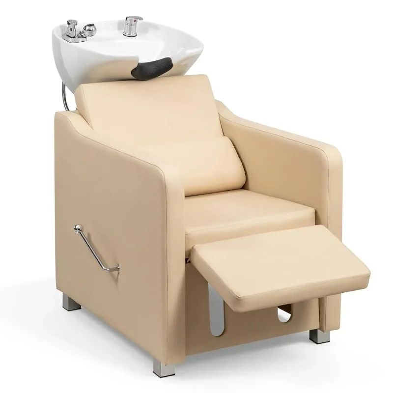 Backwash Barber Chair with Ceramic Hair Wash Bowl Sink, Adjustable Leg Baffle, Reclining Shampoo Station
