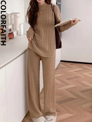 Colorfaith WS9369JX 2024 New Vintage 2 Pieces Sets Cardigans With Pants Knitted Women Autumn Winter Korean Fashion Elegant Suits