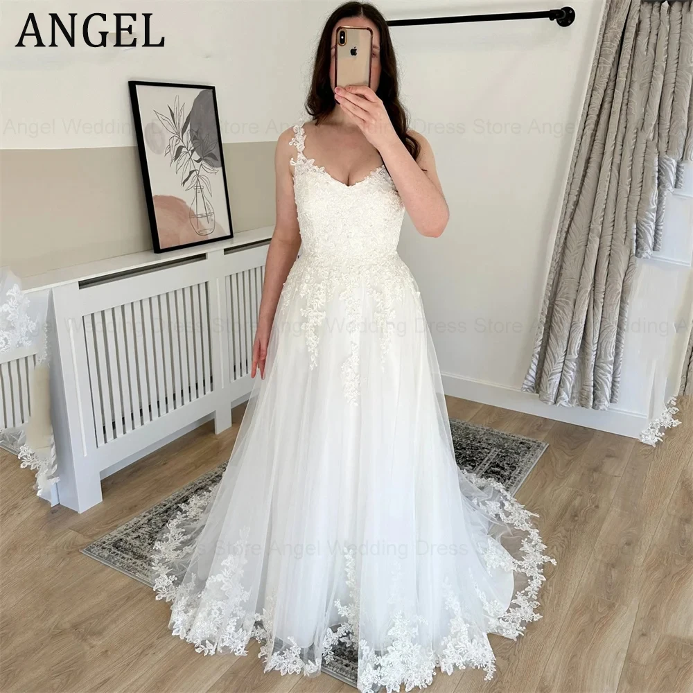 ANGEL V-Neck Spaghetti Straps Lace Wedding Dresses For Women Appliques A Line Lace-up Back Boho Tulle Brides Gown Sweep Train