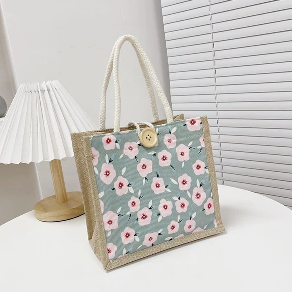 Bolso de mano de arpillera con estampado de flores para mujer, bolsa de lino con asa superior ecológica portátil, ideal para la playa y el verano