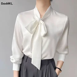 Elegant Bow Neck White Chiffon Shirts Women 2024 Fashion Autumn Winter Long Sleeve Tops Mujer Korean Style Office Ladies Blouses