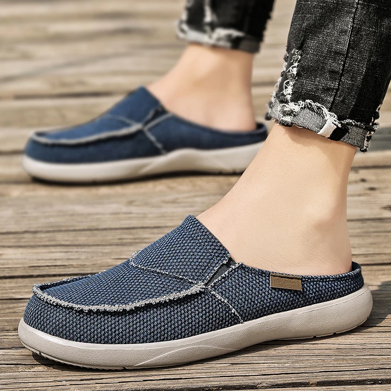 Men Canvas Sneakers Men Comfortable Slip-on Flats Casual Shoes Men Half Slipper Breathable Walking Shoes Non-slip Men Slippers