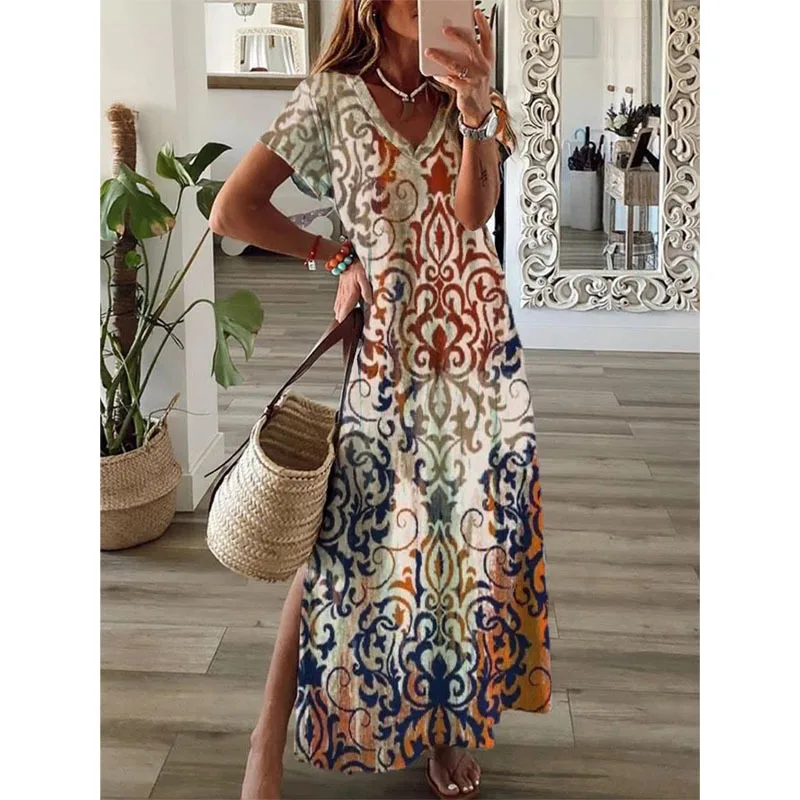 

2023 Summer Boho Long Dress Women Clothing Beachwear Short Sleeve Split Casual Loose V Neck Women's Dresses