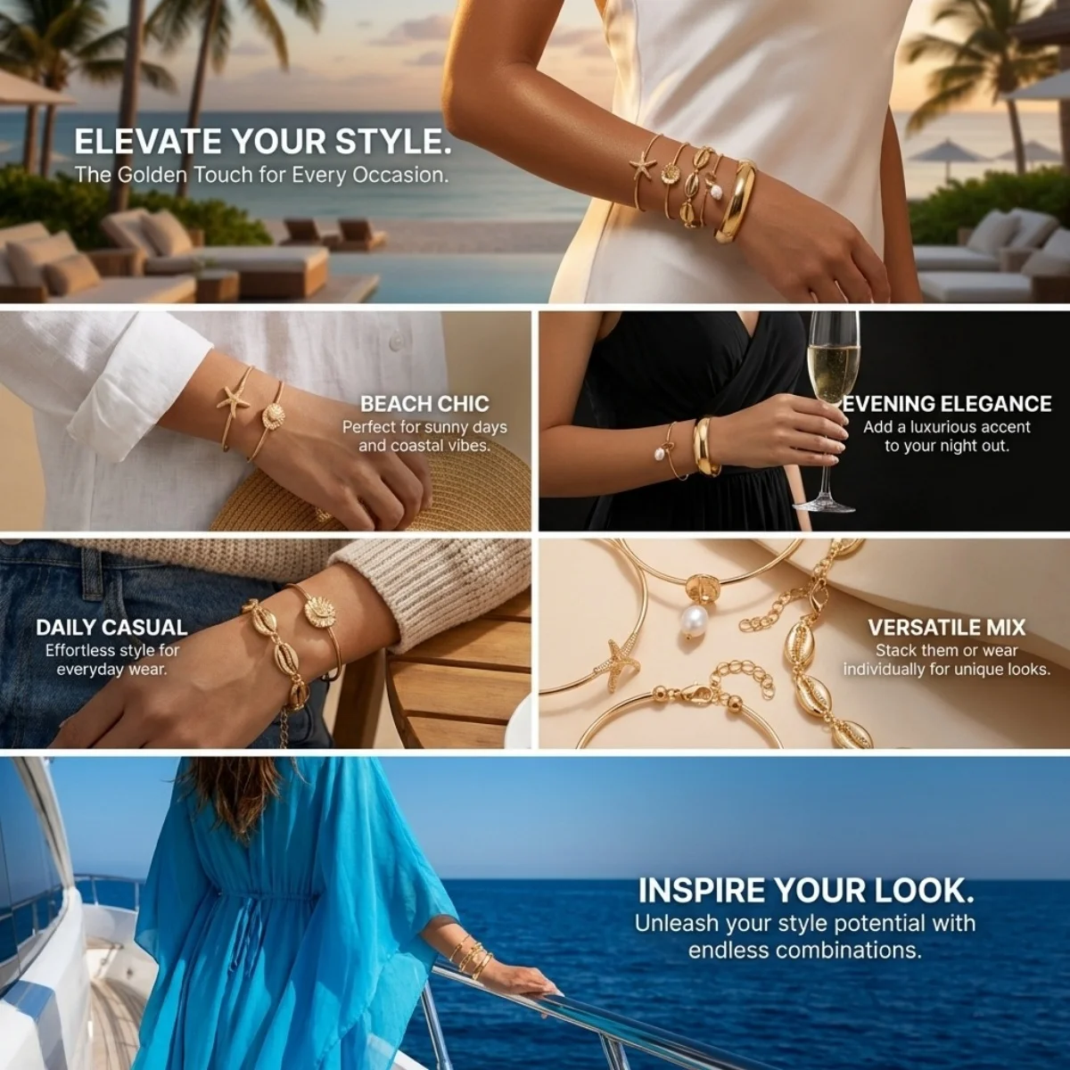 Böhmisches Mehrschichtiges Seestern-Muschel-Armreif-Set für Damen und Herren, Sommer-Strand-Urlaub, klobiger Armreif, Party-Schmuck – Detail 3