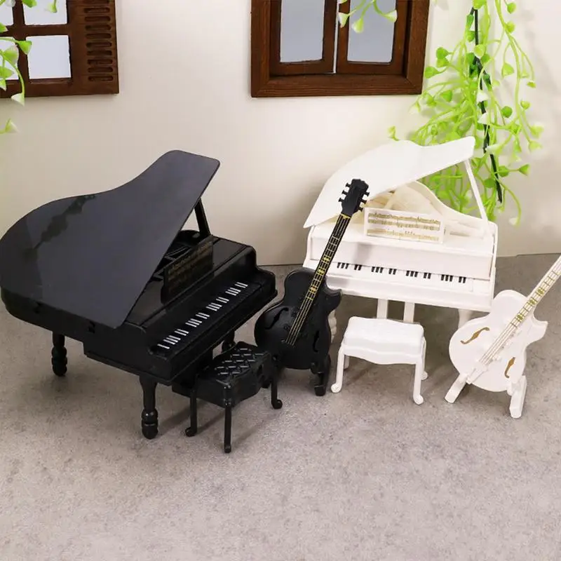 Miniature Small Piano Instruments Simulation Model Grand Piano Furniture Guitar Stools Miniature Ornaments Dollhouse Accessories