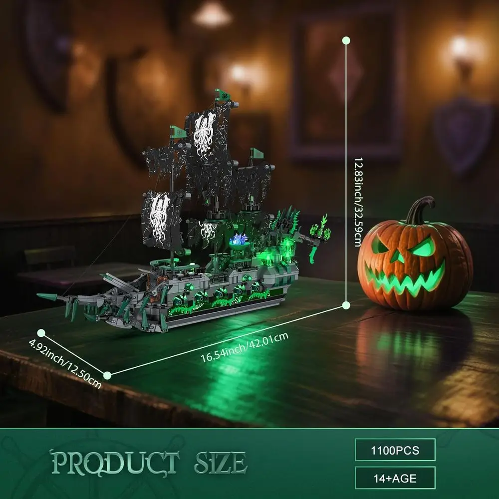 Set di blocchi da costruzione per nave pirata da 1100 pezzi con luce, ideale per adulti e bambini, perfetto arredamento per l'home office e regalo di compleanno