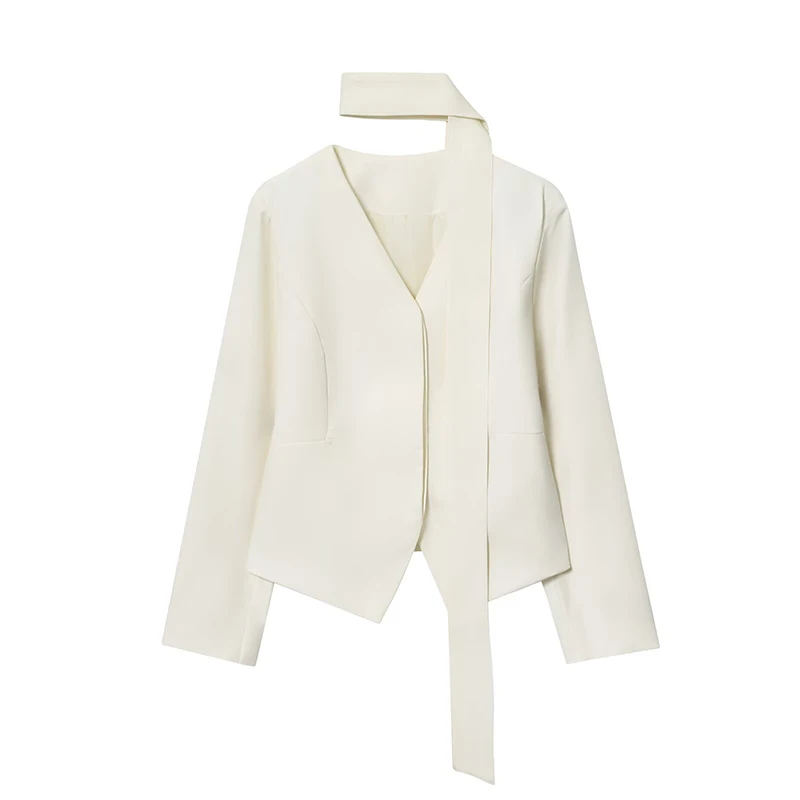 

YENKYE New Fashion With Scarf White Elegant Jacket For Women Long Sleeve V Neck Temperament Simple All-match Chic Coat