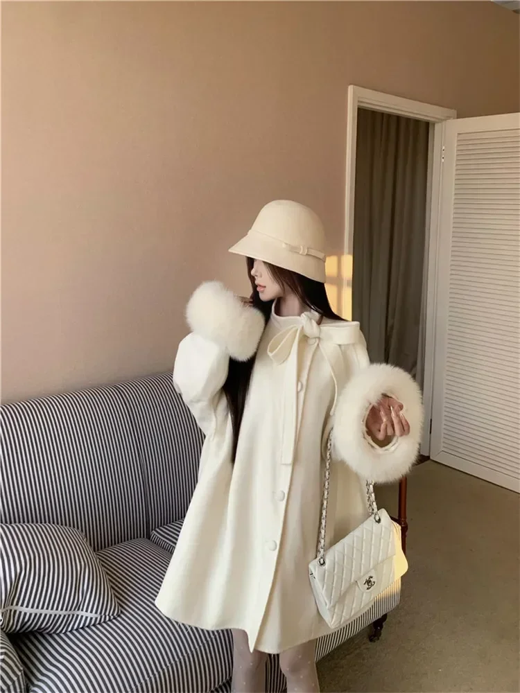 Fall Winter Women Fashion Fur Cuff Tweed Coat Bow Collar Loose Long Beige Wool Cloak Elegant Celebrity Single Breast Overcoat