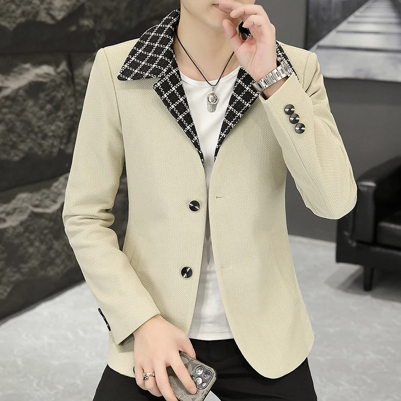 2023 Autumn Plaid Splice Lapel Suit Jacket Men Korean Fashion Slim Casual Business Blazer Masculino Wedding Social Dress Coats