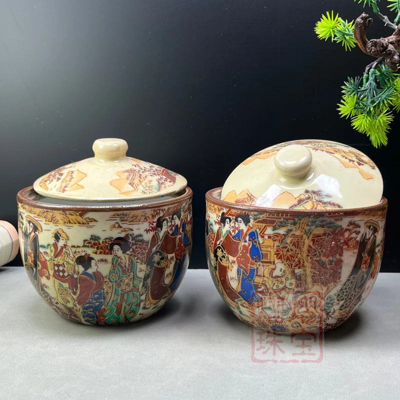 Antique-style Qing Dynasty Qianlong Japanese-style pastel exotic figure of a maid tea canister, sugar bowl, salt jar, kitchen ut