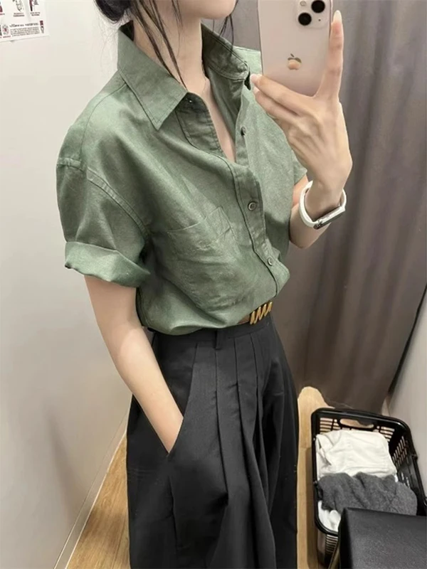 Fashionable High-End Spring Women's  Collar Cotton Linen Short Sleeve Shirt Trendy Commute Style Korean Loose Fit Shirt