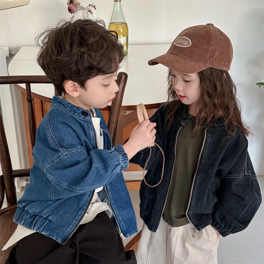 2025 Children's Spring and Autumn Locomotive Style Denim Jacket Boys and Girls Versatile Top Fashionable Jacket