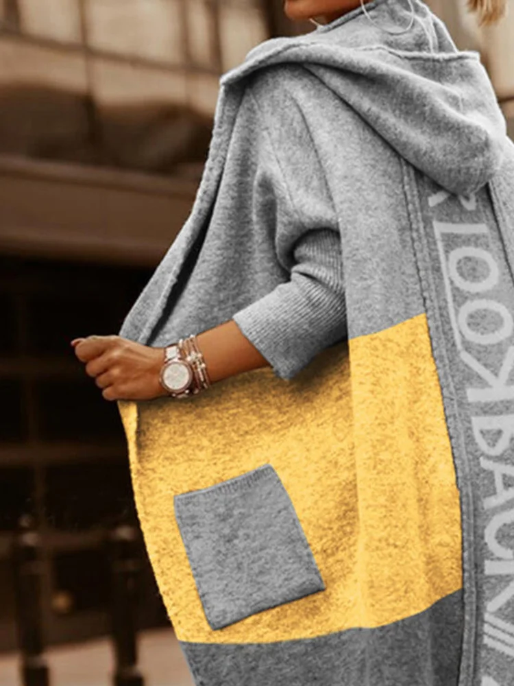 

Women Casual Loose Cardigan Outerwear 2022 Spring Autumn Pockets Vintage Sweaters Elegant Female Letter Print Hooded Long Coat