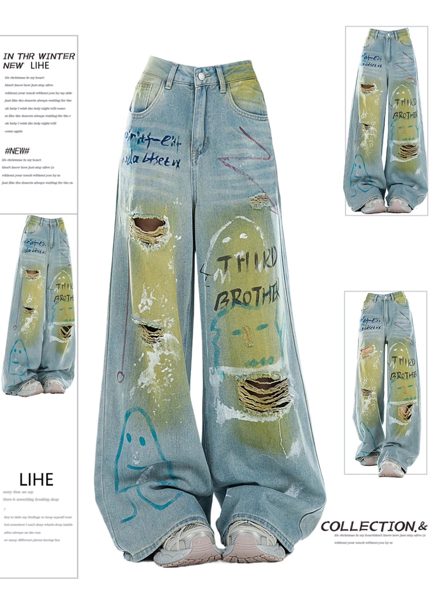 

2025 Autumn Winter Women's Denim Pants Baddie Tear Y2K Baggy Jean Japanese Harajuku Wide Fit Ripped Jean Cowboy Tomboy Jeans