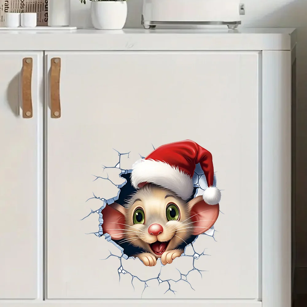 OZ3829#3D Broken Wall Christmas Rat Bright Bathroom for Home Decoration, Vinyl Decals, Art Wall Paper, Indoor Use