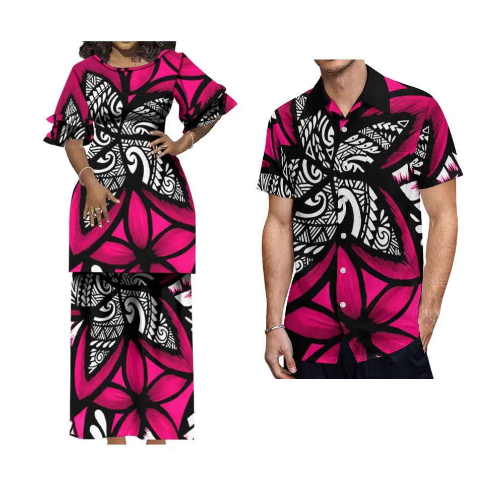 Samoa Vintage Floral Print Custom Polynesian Couple Suit Summer Short-Sleeved Crew-Neck Women'S Dress With Lapel Men'S Shirt